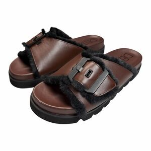 NWOT Deltan Bennie Leather Faux Fur Buckle Slides In Chocolate Women’s Size 11